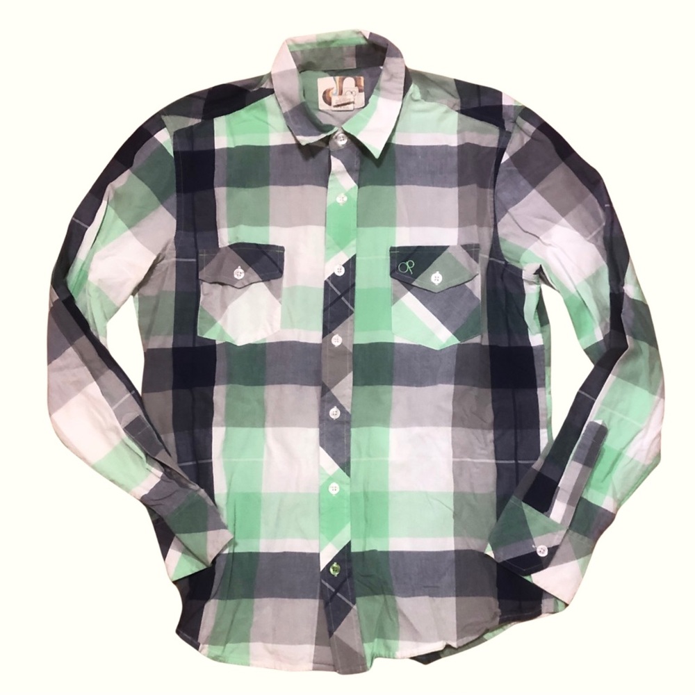 OP Men's Casual Button-Down Plaid Shirt in Green, Black & White